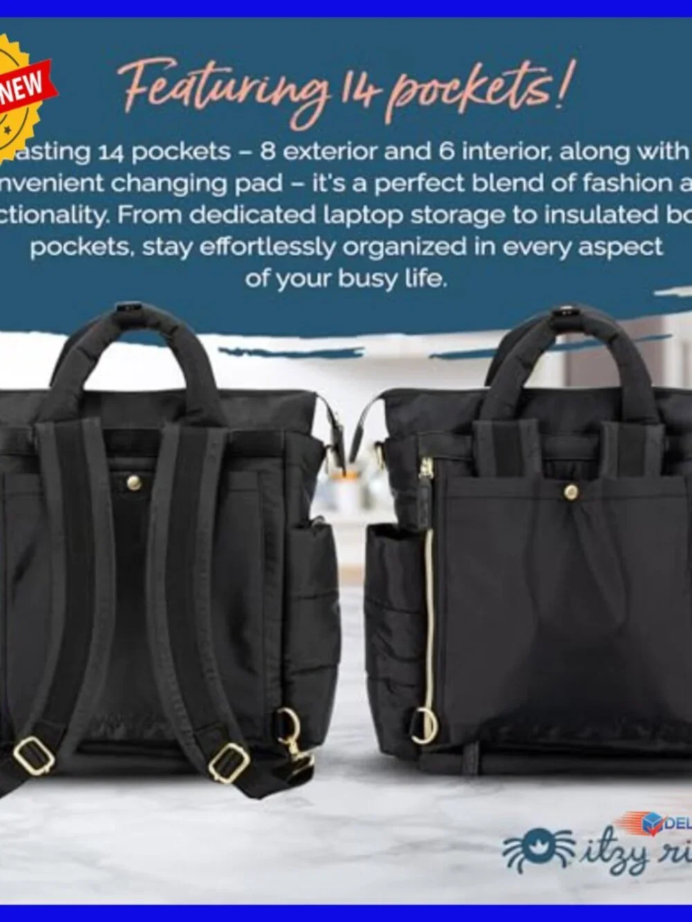 Convertible Diaper Backpack Tote with 14 Pockets, Changing Pad, Laptop
